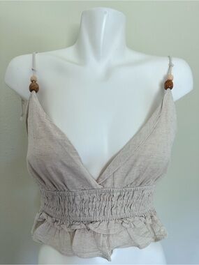 Neutral Beige Linen Smocked Ruffle Cami with Bead Straps